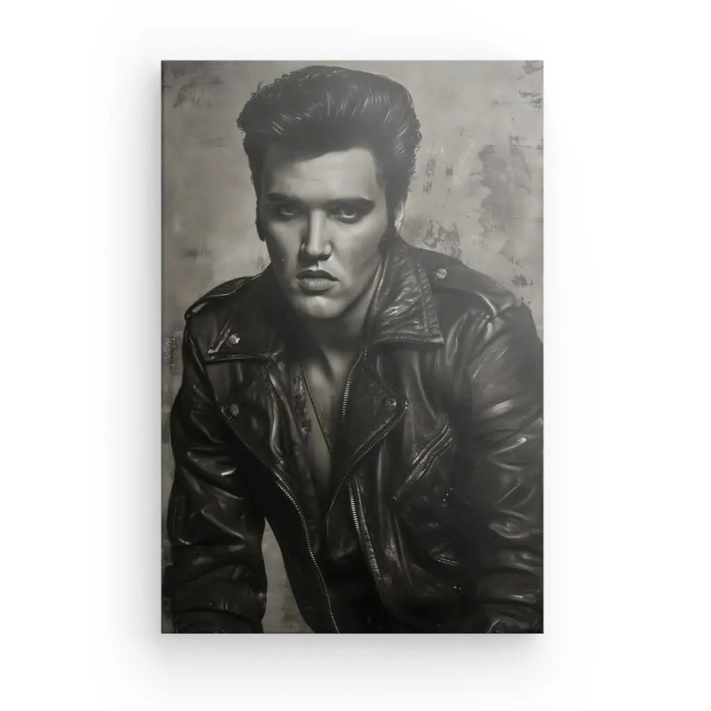 Un portrait en noir et blanc présente un homme sérieux portant une veste en cuir avec des cheveux lissés en arrière sur un fond texturé. Ce tableau Portrait Elvis Presley Rock Noir et Blanc fait écho au style emblématique rappelant l'art du rock classique.