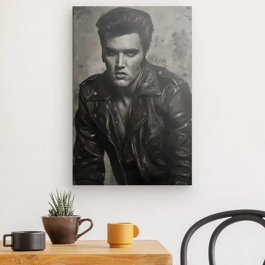 Un superbe **"Tableau Portrait Elvis Presley Rock Noir et Blanc"** est accroché sur un mur blanc au-dessus d'une table en bois ornée d'une petite plante et de deux tasses, créant un tableau d'art noir et blanc. Une chaise en métal vide est partiellement visible à droite, ajoutant à la décoration intérieure chic.