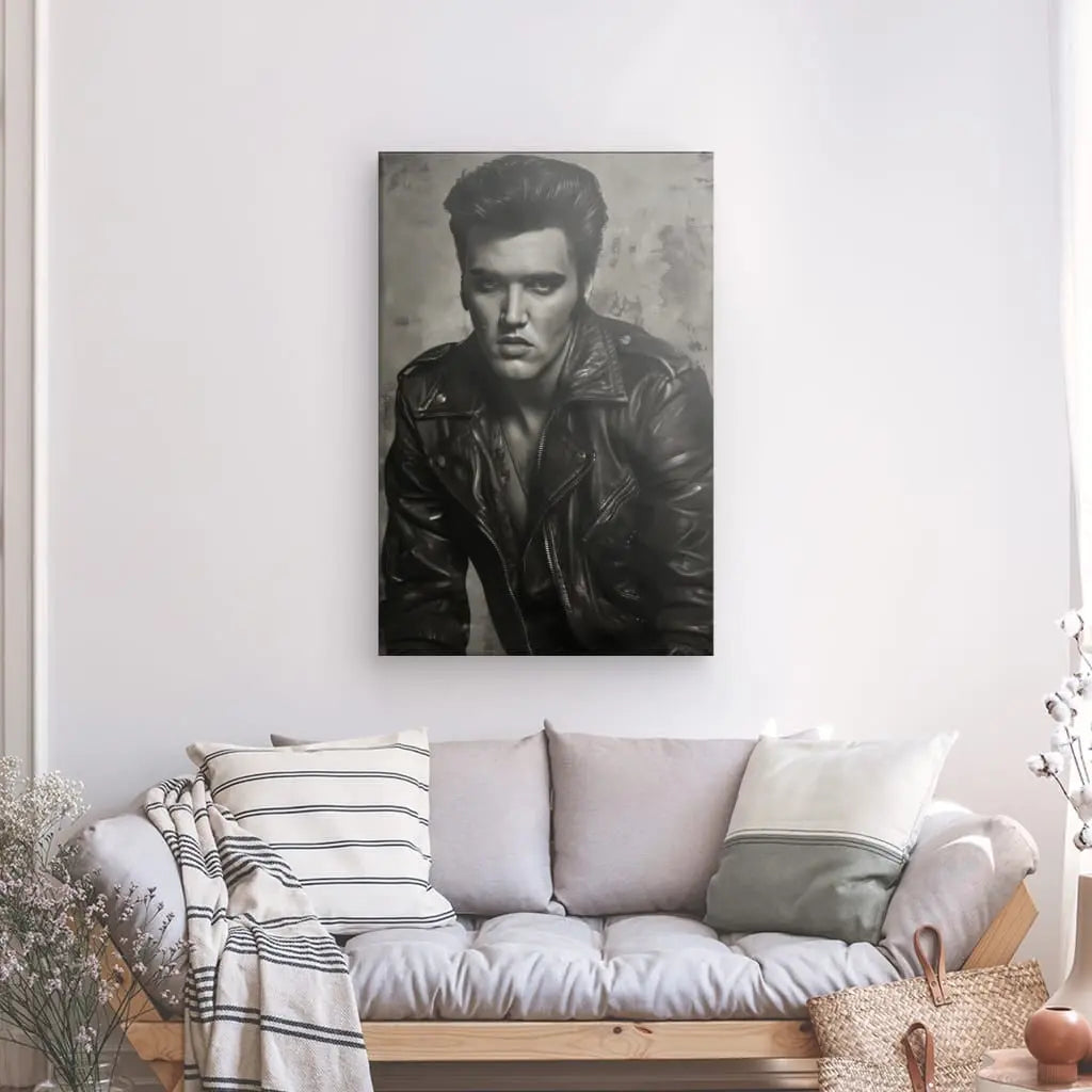 Un tableau en niveaux de gris Portrait Elvis Presley Rock Noir et Blanc dans une veste en cuir est suspendu au-dessus d'un canapé gris clair orné de coussins rayés et unis, créant une ambiance de salon cosy et moderne.