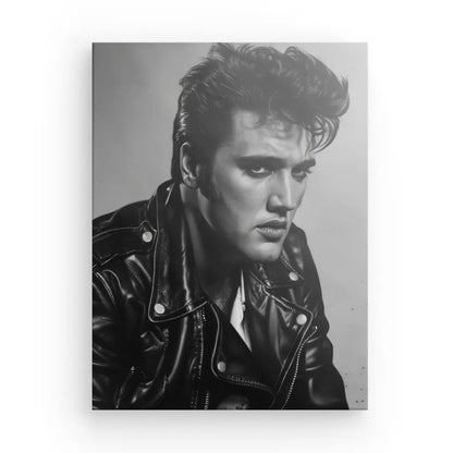 Tableau Elvis Blouson Cuir Noir et Blanc : Un portrait en noir et blanc représentant un homme aux cheveux coiffés rappelant Elvis Presley, portant une veste en cuir et affichant une expression sérieuse sur un fond uni.