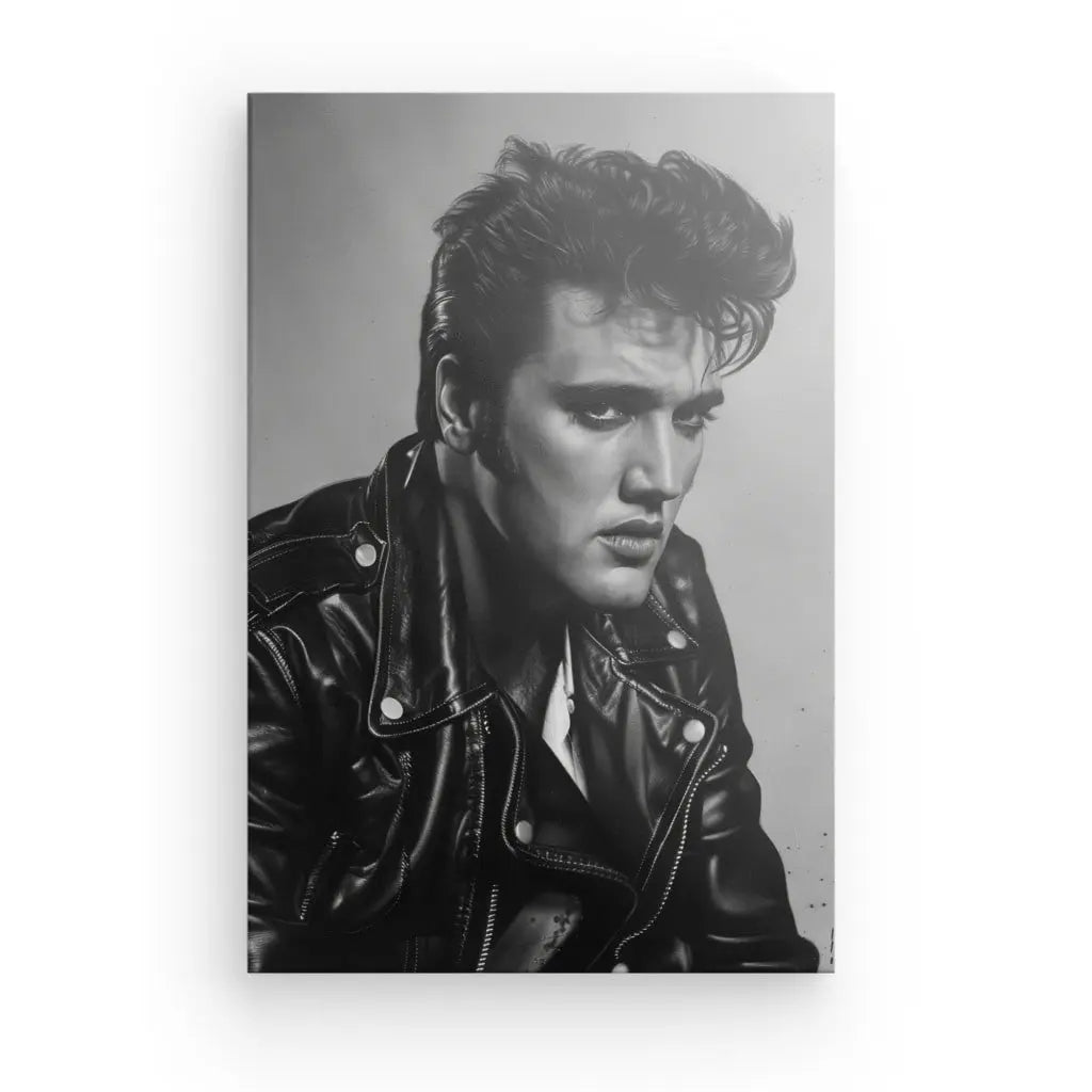 Un portrait intemporel en noir et blanc met en scène un homme arborant une coiffure pompadour, rappelant Elvis Presley, vêtu du Tableau Elvis Blouson Cuir Noir et Blanc. Il regarde de côté avec une expression sérieuse, capturant l'essence du style classique d'Elvis.