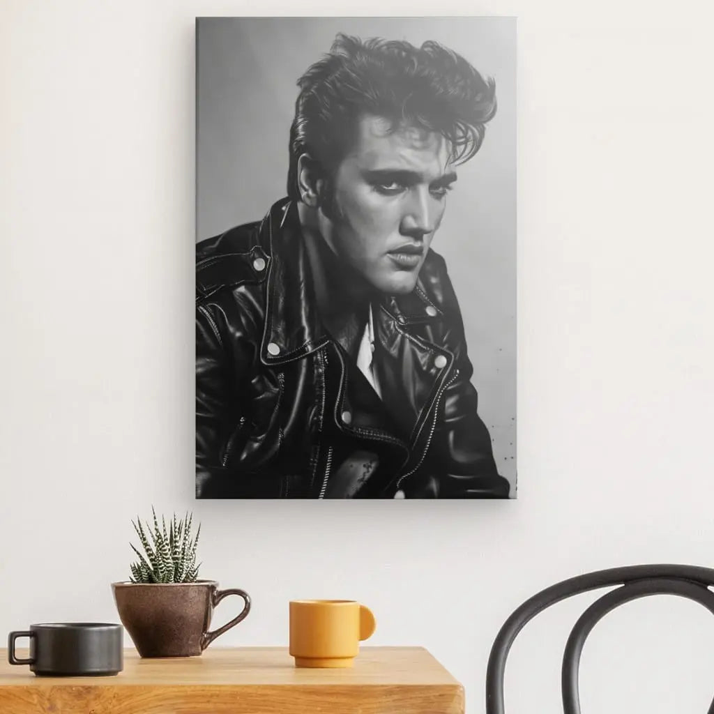 Un "Tableau Elvis Blouson Cuir Noir et Blanc" est accroché sur un mur blanc au-dessus d'une table en bois avec une petite plante en pot, une tasse marron et une tasse jaune.