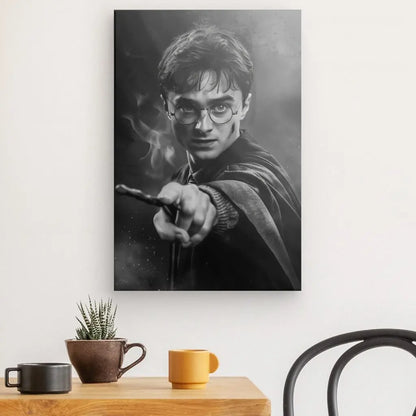 Tableau noir et blanc de Harry Potter avec baguette magique.