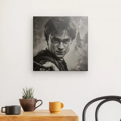 Un portrait sépia encadré d'une personne portant des lunettes et tenant une baguette, rappelant le Tableau Sorcier Harry Potter Sépia, est monté sur un mur blanc au-dessus d'une table en bois avec une petite plante en pot et deux tasses.