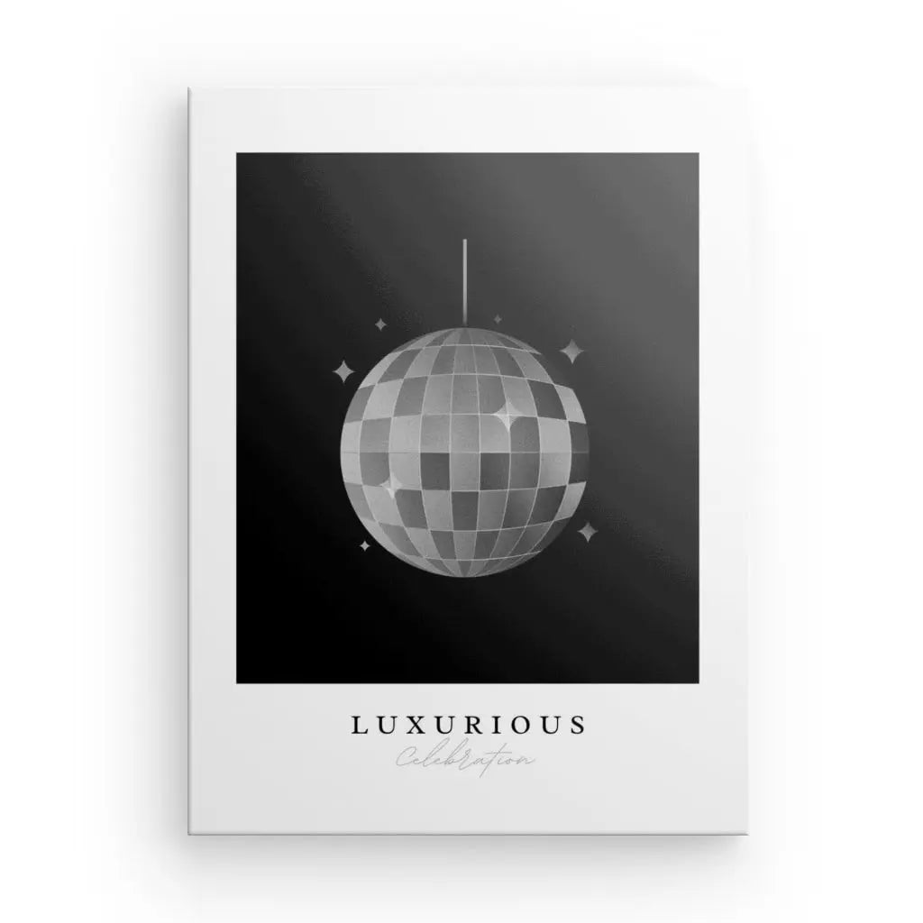 Une image Noir et Blanc d'une boule disco avec l'inscription "Tableau Boule à Facette Citation Luxe" en dessous.