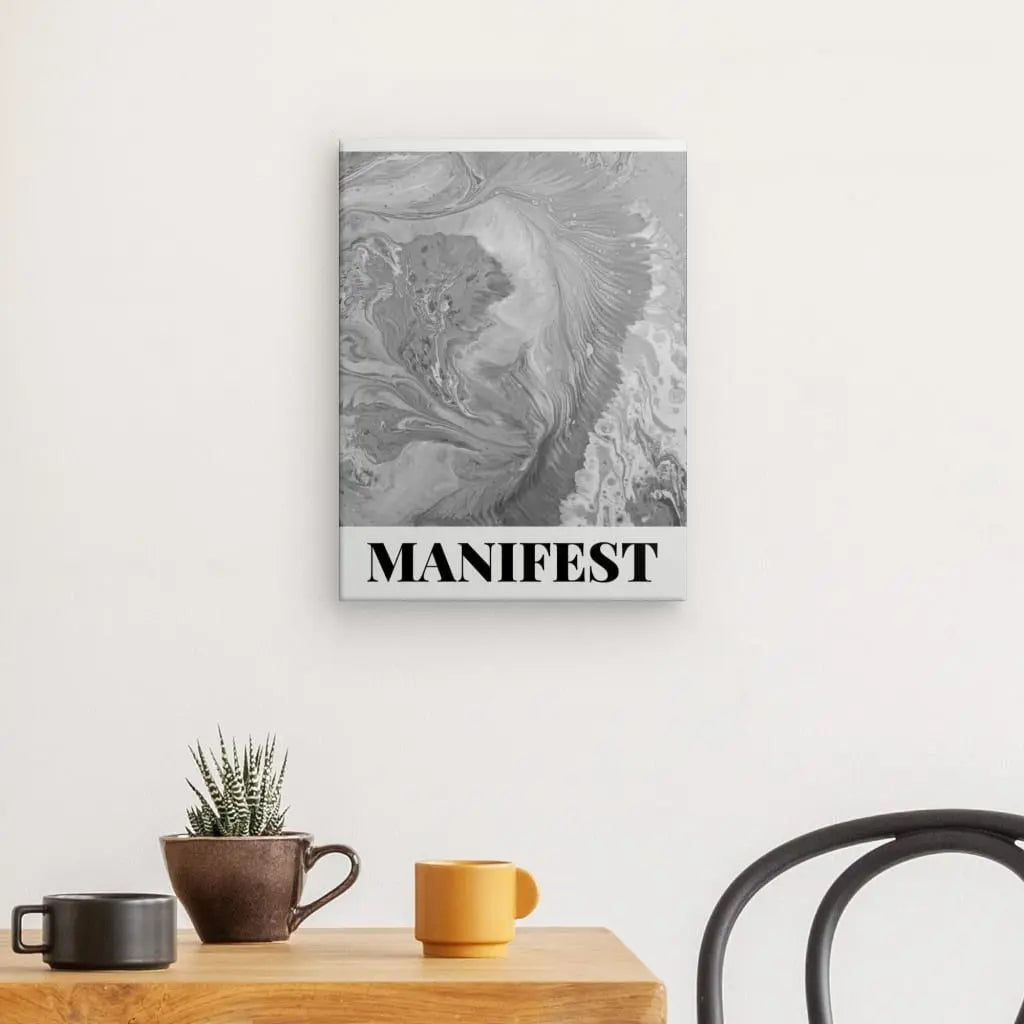 Art print "Tableau Manifest" in grey, black, and white decor.