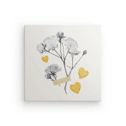 Une illustration en niveaux de gris de fleurs avec un morceau de ruban jaune et trois formes de coeur dorées sur fond blanc de la collection Tableau Fleurs Séchées Monochrome Coeurs Jaunes, parfaite pour la décoration intérieure.