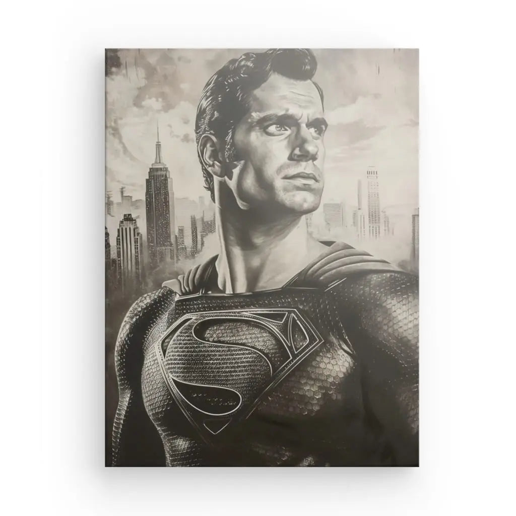 Monochrome Superman portrait artwork featuring iconic city skyline.