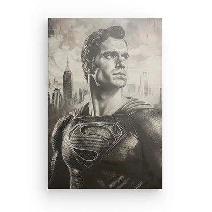 Monochrome Superman portrait artwork with urban skyline backdrop.