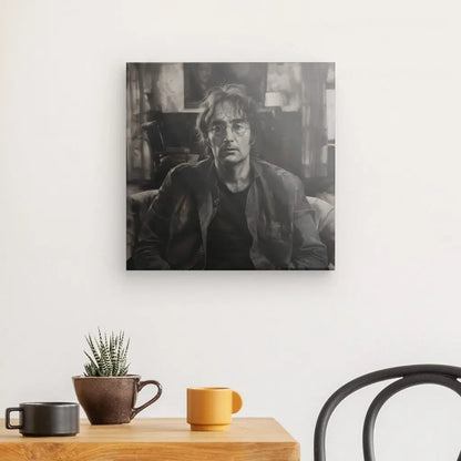 Un Tableau John Lennon Portrait Monochrome est accroché sur un mur blanc au-dessus d'une petite table avec une tasse marron, une tasse jaune et un petit cactus en pot. Une chaise noire est partiellement visible à droite, ajoutant au tableau monochrome noir et blanc.