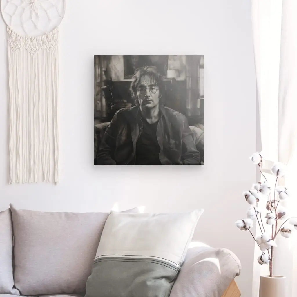 Un Tableau John Lennon Portrait Monochrome est accroché sur un mur blanc au-dessus d'un canapé gris clair avec des coussins, rehaussant la décoration intérieure.