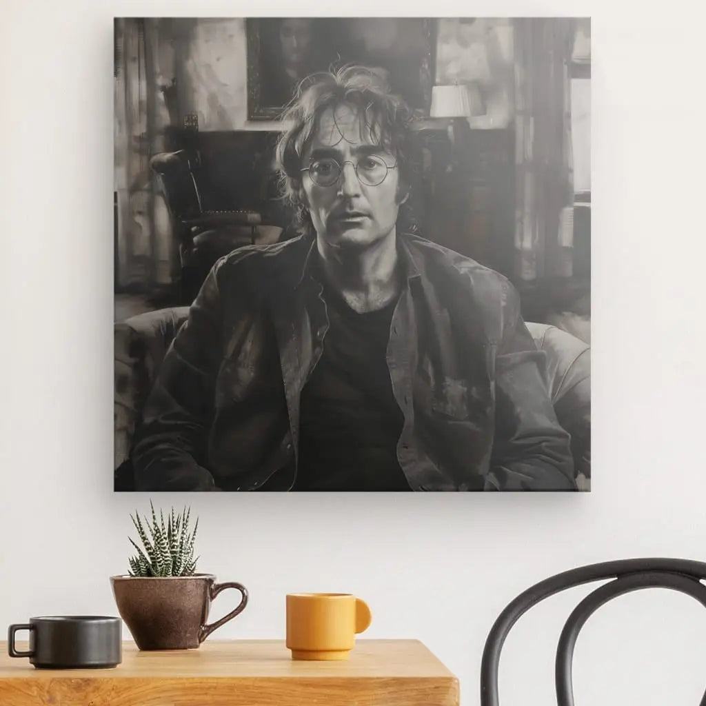 Un tableau John Lennon Portrait monochrome représentant un homme portant des lunettes et une veste est suspendu sur un mur blanc au-dessus d'une table en bois avec une plante en pot et deux tasses, une marron et une jaune.