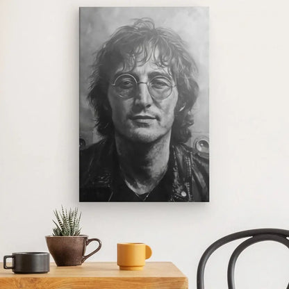 Tableau noir et blanc de John Lennon sur un mur.