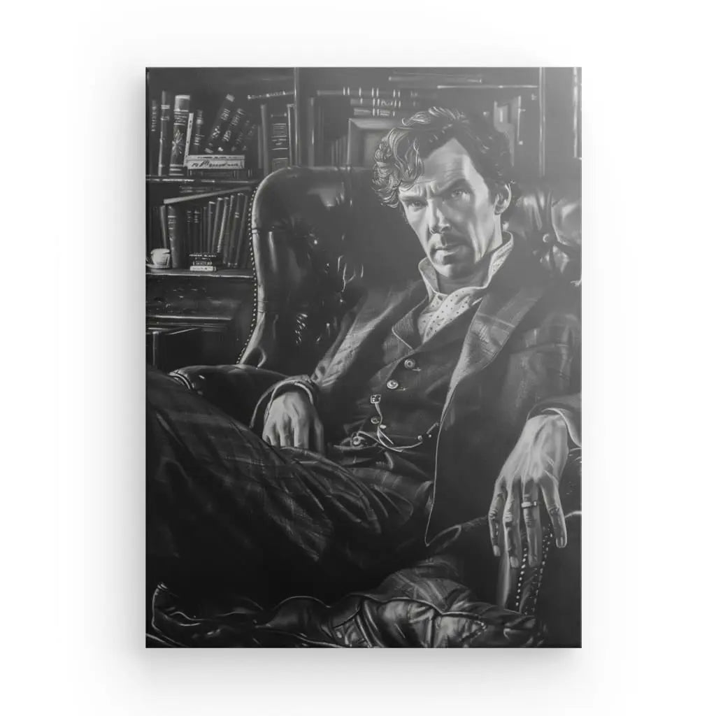 Un saisissant portrait en noir et blanc d'un homme assis dans un fauteuil en cuir, vêtu d'un costume, posé contre des étagères remplies de livres, qui rappelle le Tableau Peinture Sherlock Holmes Noir et Blanc. Cette scène captivante évoque l'ambiance d'une décoration intérieure sophistiquée.