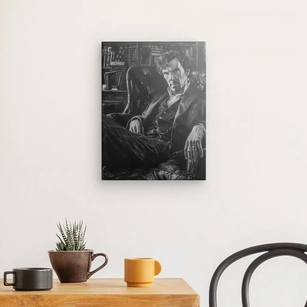 Un Tableau Peinture Sherlock Holmes Noir et Blanc est accroché sur un mur blanc au-dessus d'une petite table en bois avec une plante en pot, une tasse marron et une tasse jaune. Une chaise noire est partiellement visible dans la scène, complétant l'élégante décoration intérieure.