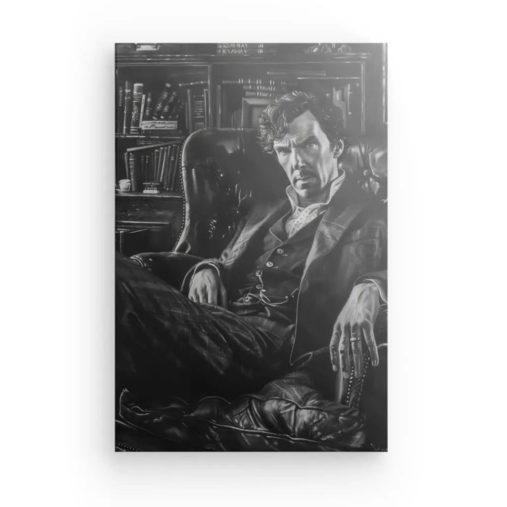 Illustration en noir et blanc d'un homme assis dans un fauteuil, devant une étagère, vêtu d'un costume et d'un manteau. Ce Tableau Peinture Sherlock Holmes Noir et Blanc évoque l'ambiance classique d'une scène de Sherlock Holmes, parfaite pour une décoration intérieure sophistiquée.