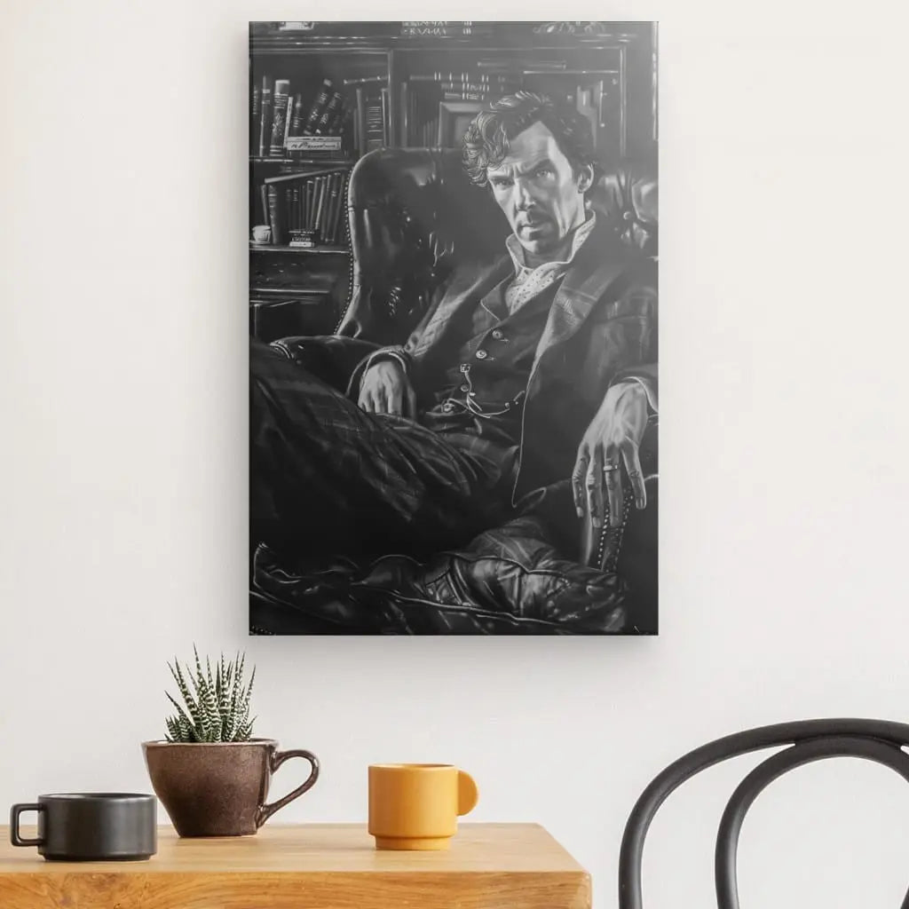 Art mural en noir et blanc représentant une personne assise sur une chaise, avec une autre chaise, une table, deux tasses à café et une petite plante au premier plan. Ce Tableau Peinture Sherlock Holmes Noir et Blanc ajoute une touche élégante à votre décoration intérieure.