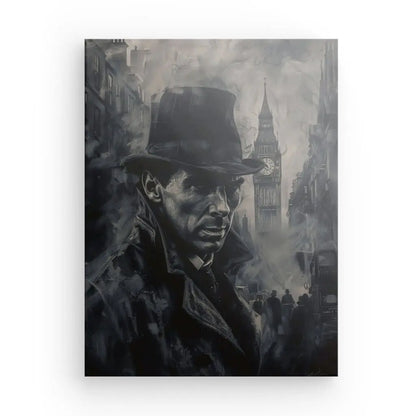 Monochrome portrait of Sherlock Holmes with Big Ben backdrop.