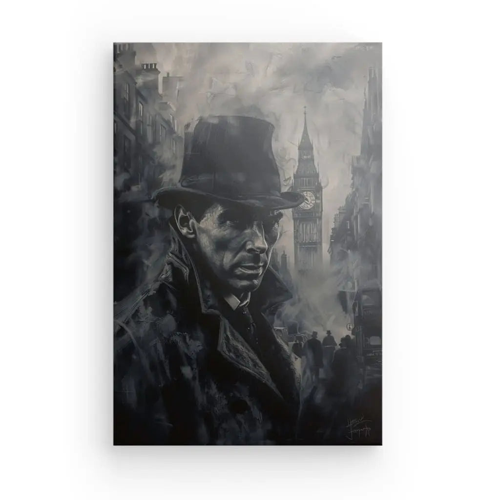 Monochrome portrait of Sherlock Holmes against a foggy London backdrop.