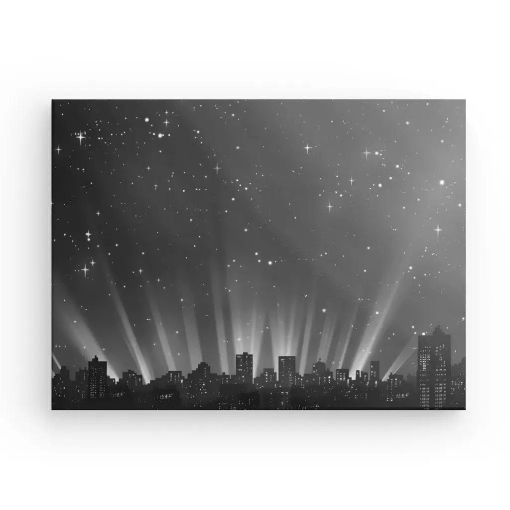 Monochrome urban landscape artwork featuring city buildings and starry sky.