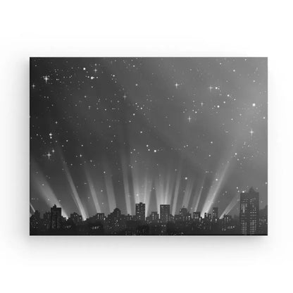 Monochrome urban landscape artwork featuring city buildings and starry sky.