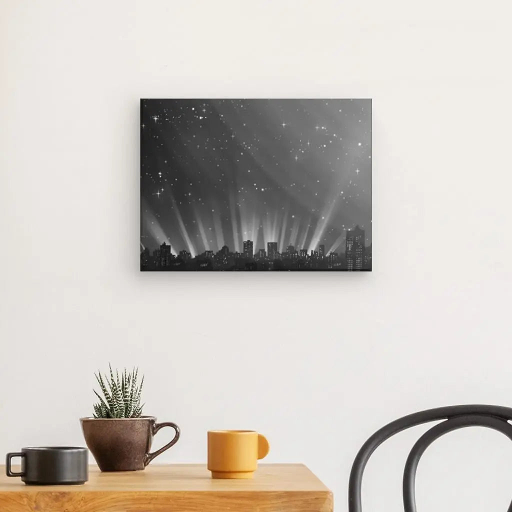 Monochrome urban landscape artwork featuring starry night and skyline.