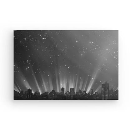 Monochrome urban skyline art with starry night background.