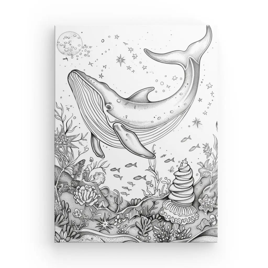 Dessin noir et blanc d'une baleine sous-marine avec des coraux.