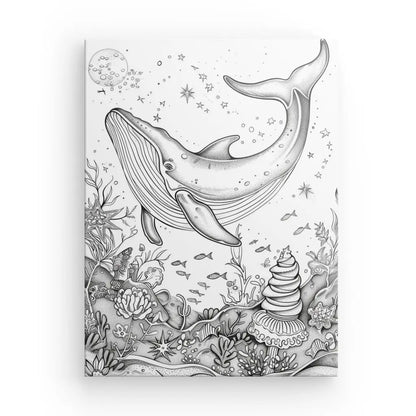 Dessin noir et blanc d'une baleine sous-marine avec des coraux.