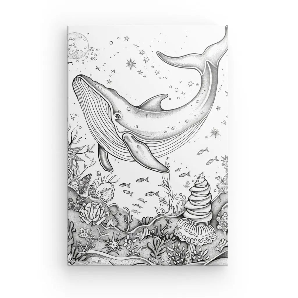 Illustration of a black and white whale swimming through an underwater scene.