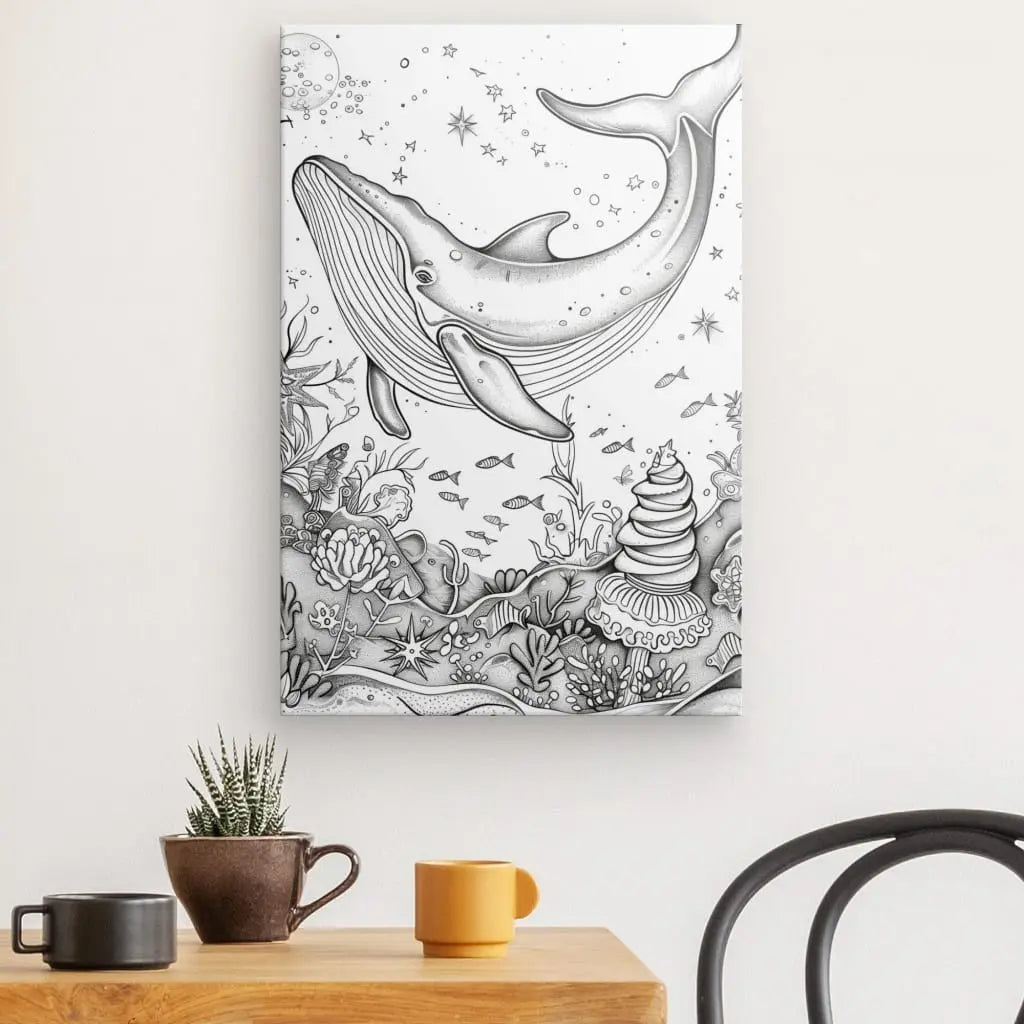 Tableau dessin baleine noir et blanc dans un décor marin.