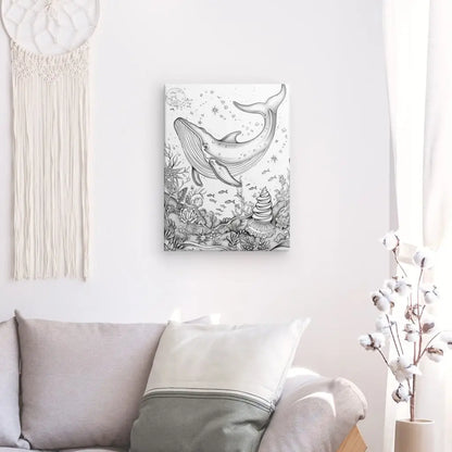 Art print of a black and white whale swimming in an ocean scene.