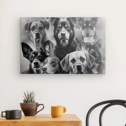 Un Tableau Races Chiens Noir et Blanc représentant sept chiens différents orne un mur blanc au-dessus d'une table en bois avec deux tasses, une petite plante en pot et une partie de chaise visible, parfait pour une décoration intérieure élégante.