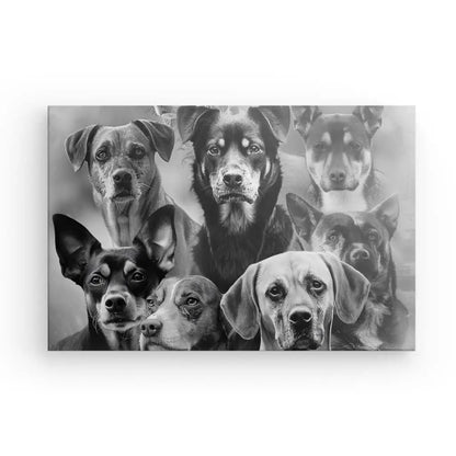 Le Tableau Races Chiens Noir et Blanc présente un collage de sept chiens de races variées, tous regardant directement la caméra sur un fond uni, parfait pour ajouter une touche de charme à votre décoration intérieure.