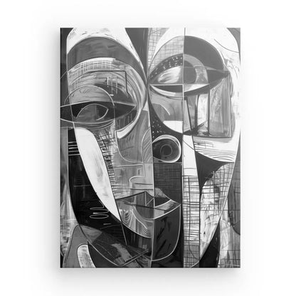 Le Tableau Cubisme Visage Abstrait Noir et Blanc, parfait pour la décoration intérieure, est une peinture abstraite qui présente des visages fragmentés et des motifs géométriques dans un style cubisme.