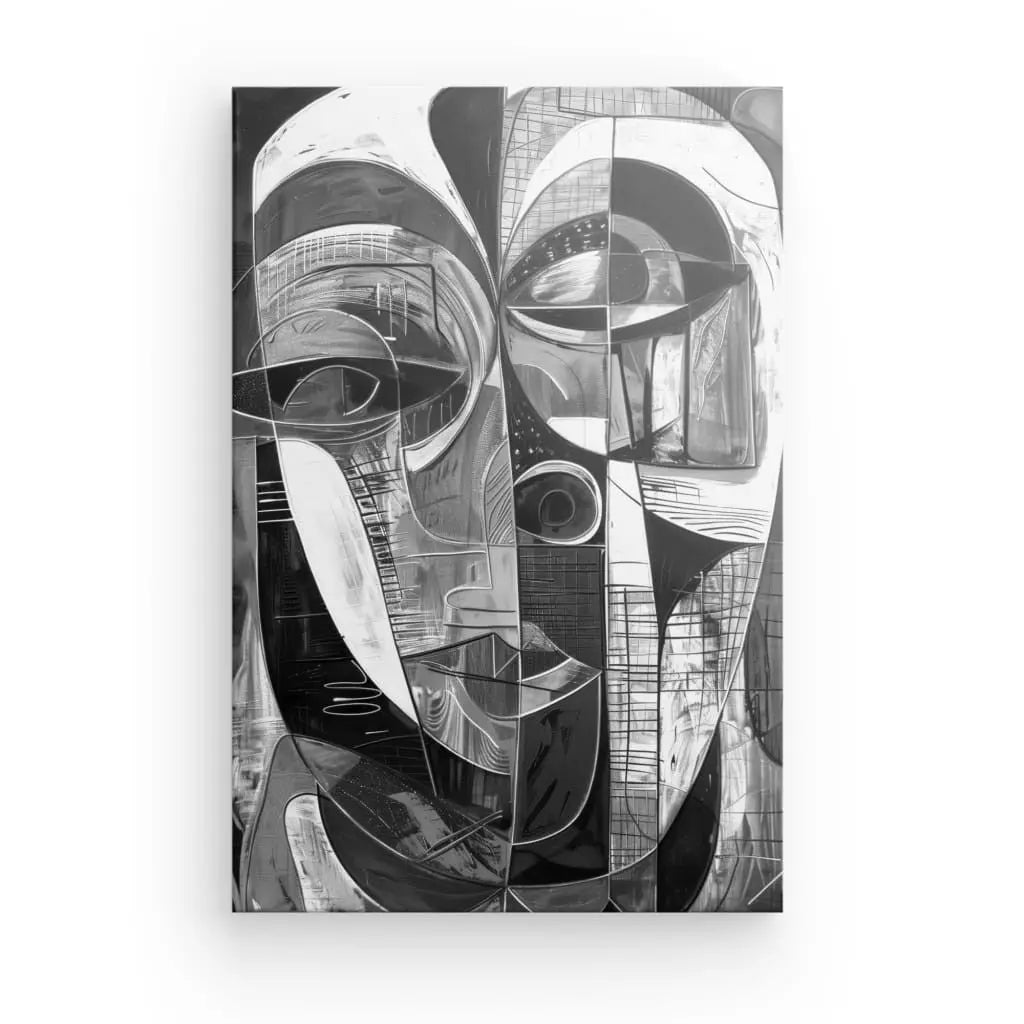 Le "Tableau Cubisme Visage Abstrait Noir et Blanc" est une superbe peinture abstraite en noir et blanc qui capture un visage humain stylisé à travers des formes et des motifs géométriques, apportant une touche avant-gardiste à votre décoration intérieure avec son clin d'œil au cubisme.