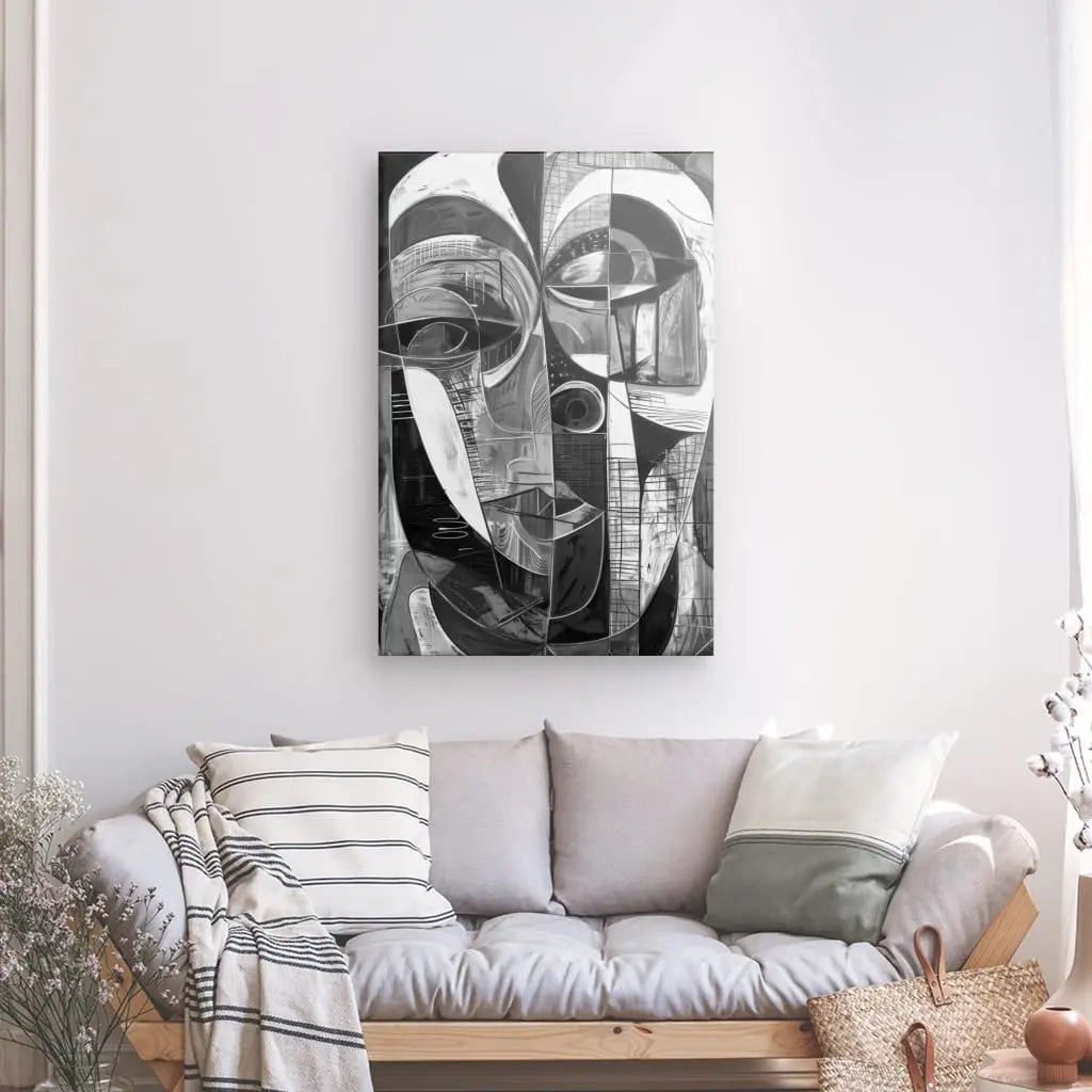 Le Tableau Cubisme Visage Abstrait Noir et Blanc est accroché à un mur blanc au-dessus d'un canapé gris clair orné de coussins rayés et unis. A côté du canapé, un panier en osier et une plante complètent l'élégante décoration intérieure.