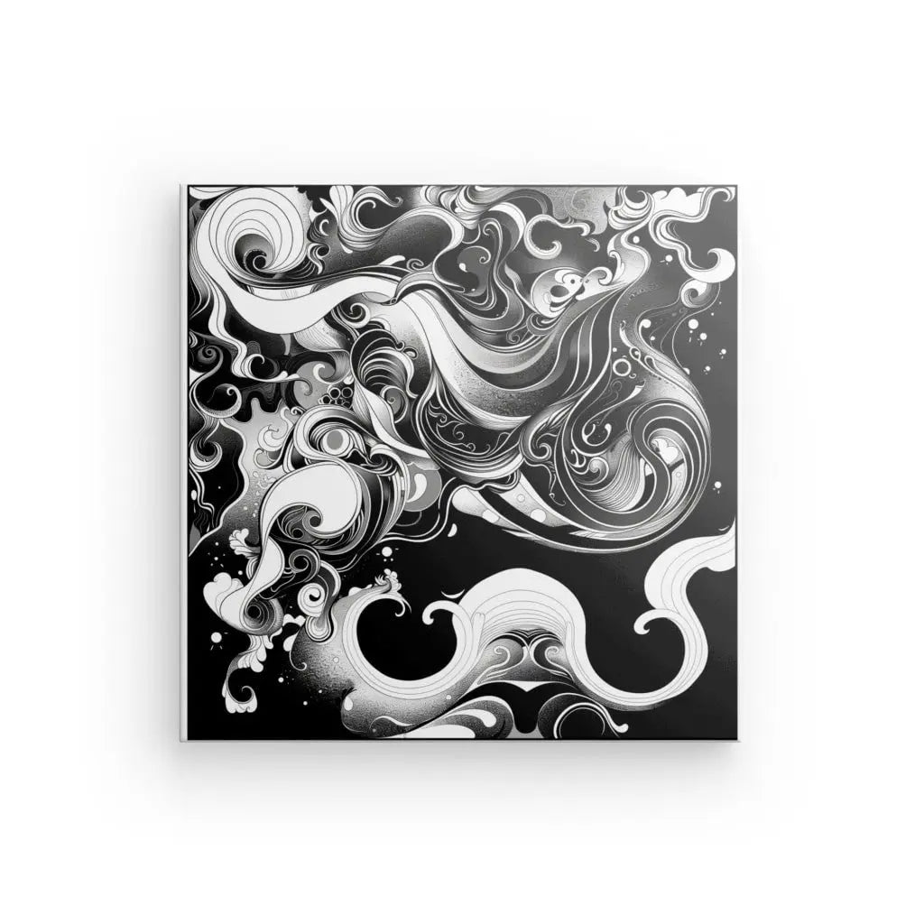 Abstract monochrome art print with swirling black and white patterns.