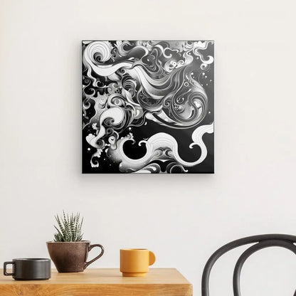 Art print of abstract monochrome design on wall.