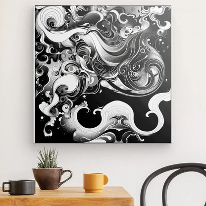 Modern monochrome abstract wall art with swirling patterns.