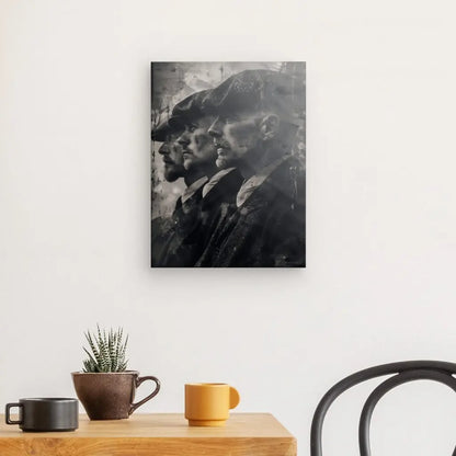 Un Tableau Peaky Blinders Noir et Blanc est accroché sur un mur blanc. Ci-dessous se trouve une table en bois avec une petite plante en pot et deux tasses à café, et une chaise noire est partiellement visible, parfaite pour une décoration intérieure sophistiquée.