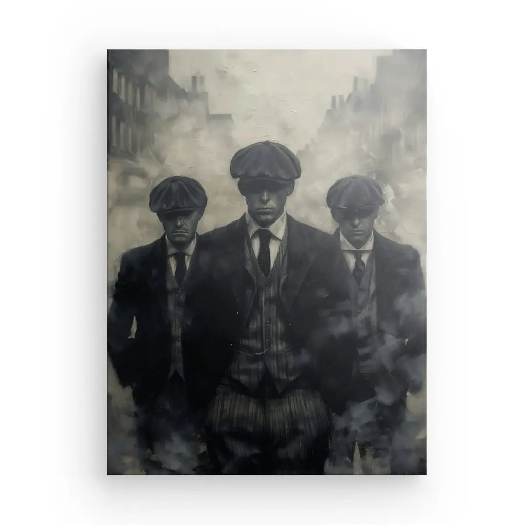 Trois hommes en tenue du début du XXe siècle avec des casquettes et des costumes sombres se promènent dans une rue brumeuse et monochrome, évoquant un Tableau Peinture Gang Peaky Blinders Monochrome.