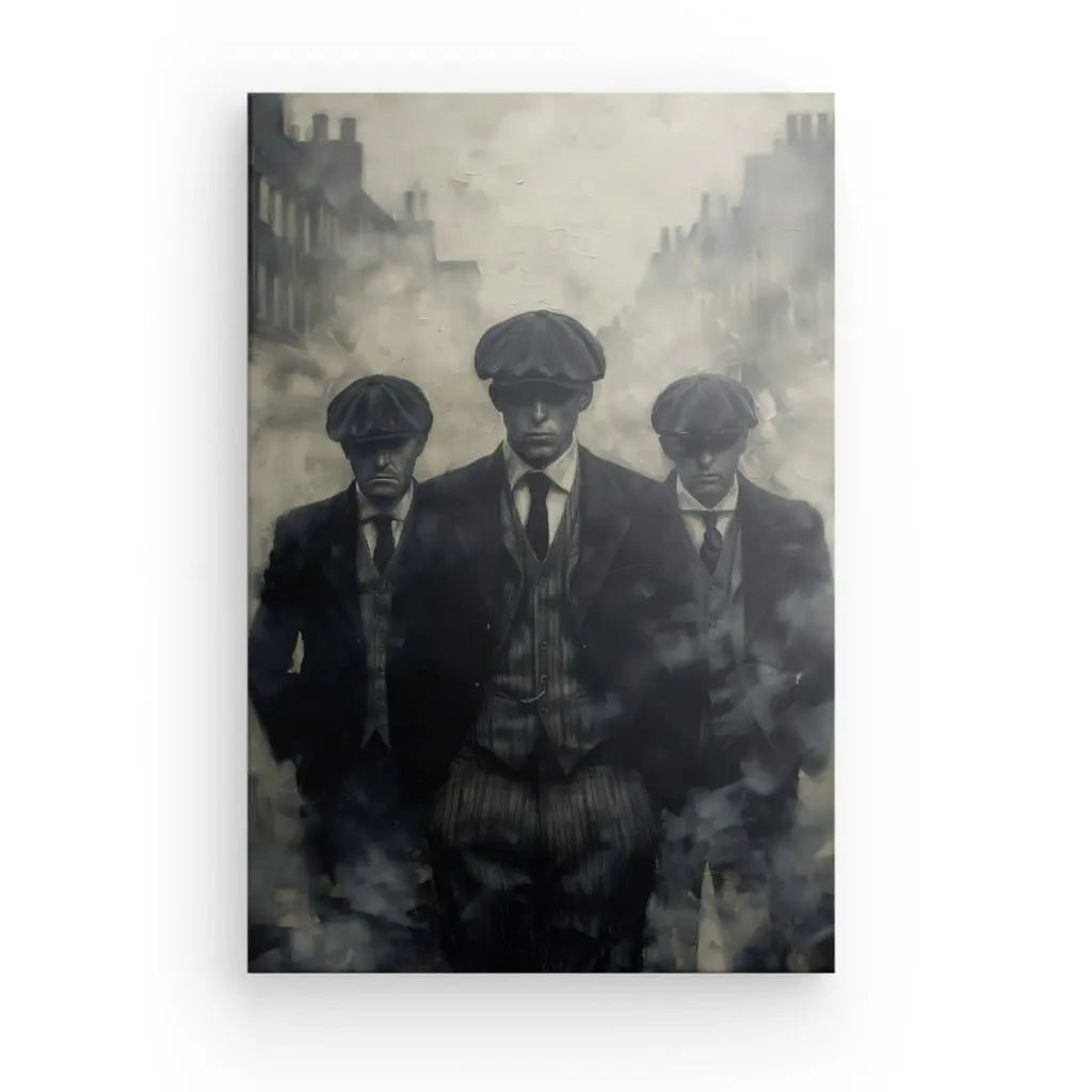 Trois hommes en costumes et casquettes plates marchent ensemble dans une rue brumeuse, dégageant une détermination et un objectif qui rappellent Tableau Peinture Gang Peaky Blinders Monochrome.