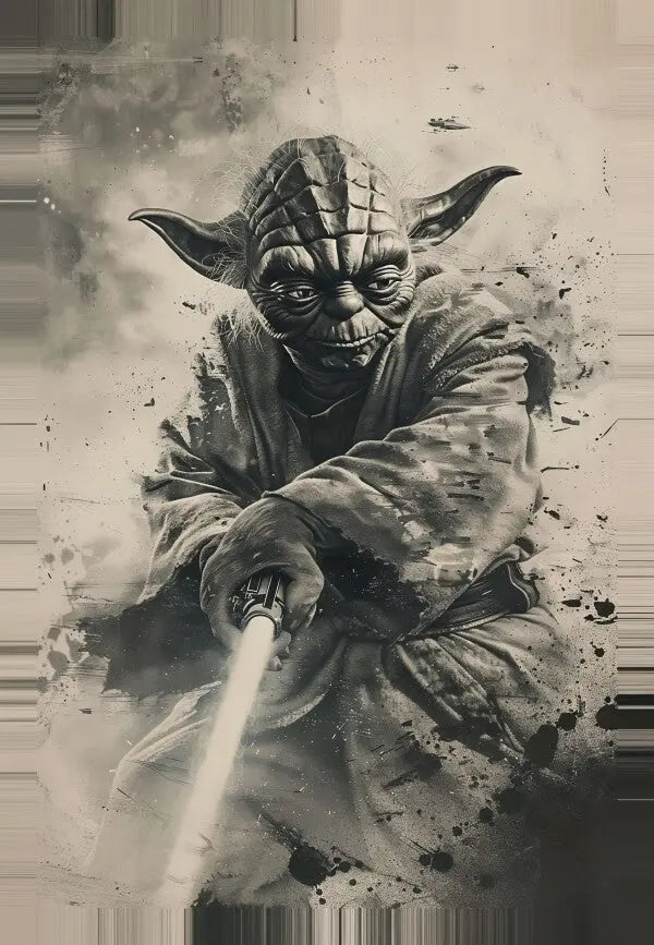 Une illustration détaillée en niveaux de gris de Yoda de Star Wars, portant une robe et tenant un sabre laser, sur un fond texturé éclaboussé d'encre - une pièce parfaite pour une décoration intérieure de style tableau noir et blanc : Tableau Yoda Star Wars Noir et Blanc.