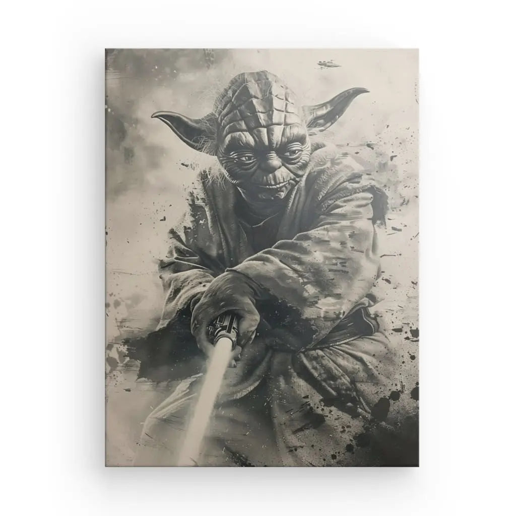 Tableau Yoda Star Wars Noir et Blanc représentant Yoda de Star Wars brandissant un sabre laser, avec un fond d'éclaboussures abstraites, parfait pour une décoration intérieure.