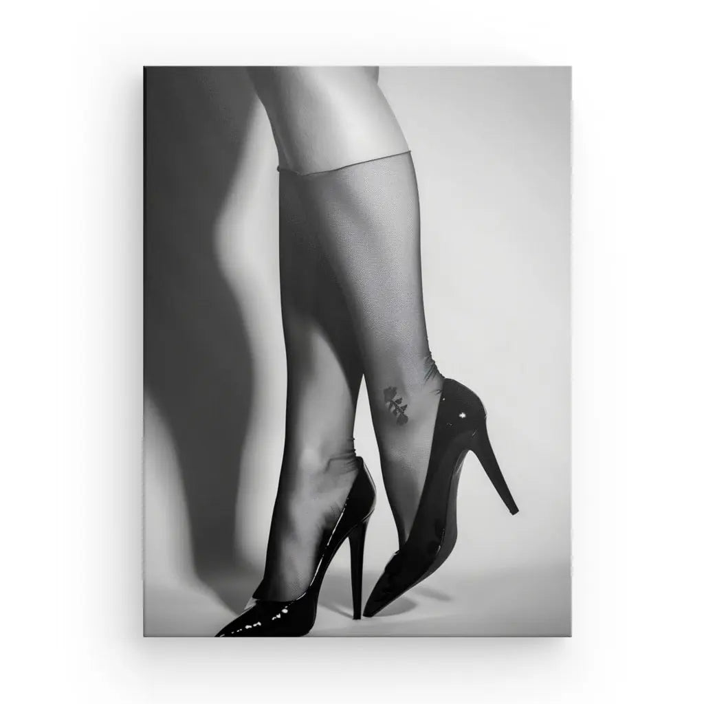 Image en noir et blanc d'une personne portant des Escarpins Tableau Résille Jambes Femme Noir et Blanc transparents, avec un petit tatouage visible sur le bas de la jambe, créant une décoration intérieure saisissante.