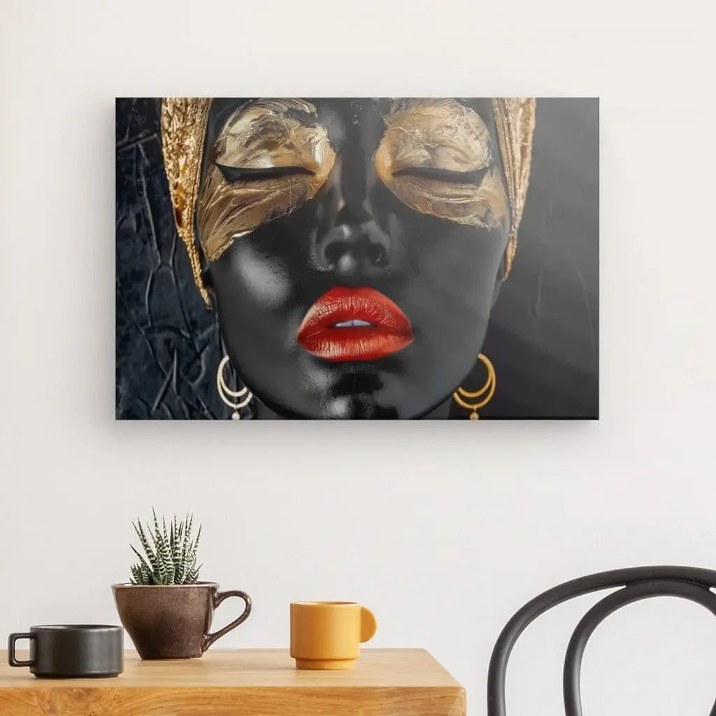 Tableau Femme Portrait Moderne Dorée Rouge Noir - #tag1# - #tag2# 