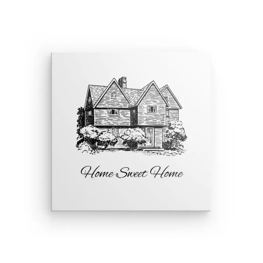 Croquis en noir et blanc d'une maison à deux étages avec la phrase "Home Sweet Home" écrite en dessous, parfait comme Tableau Home Sweet Home Blanc et Noir pour votre décoration intérieure.