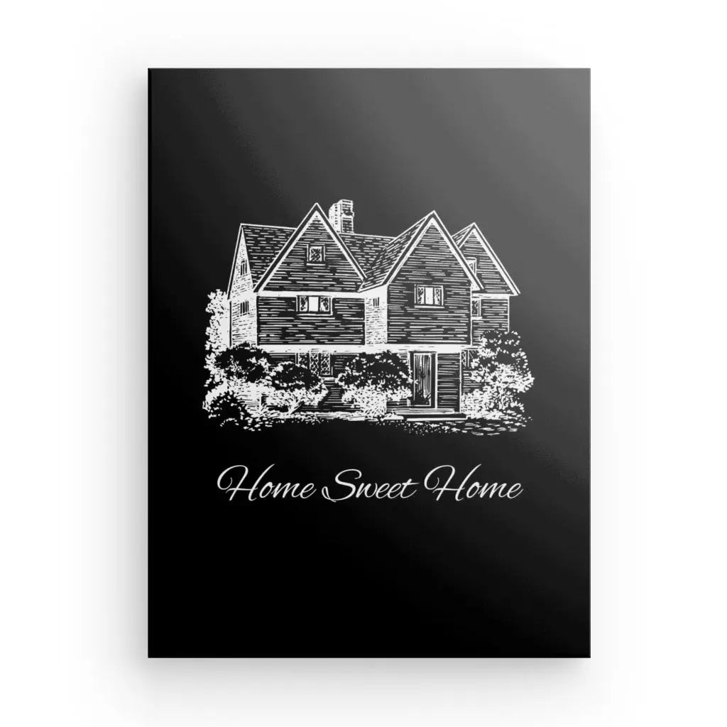 Monochrome minimalist wall art featuring "Home Sweet Home" illustration.