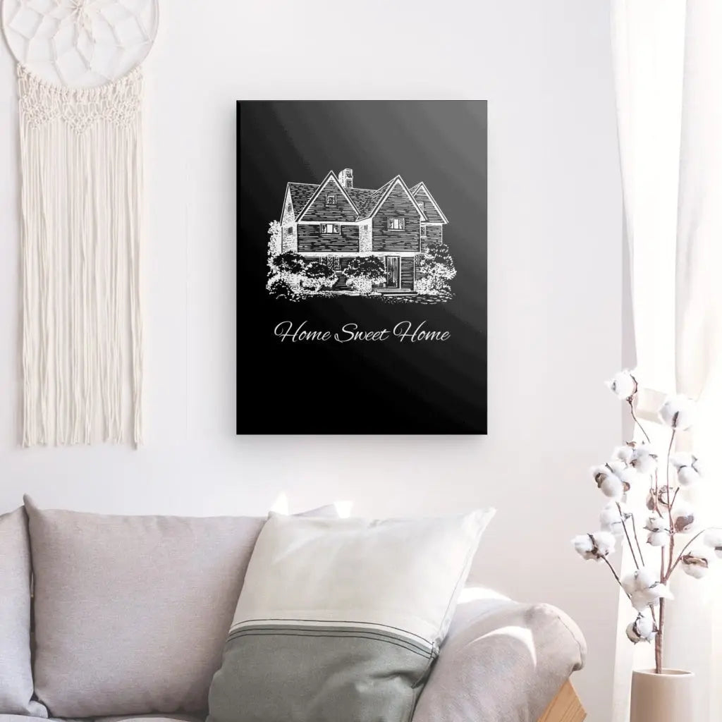 Monochrome art print with "Home Sweet Home" text for home decor.